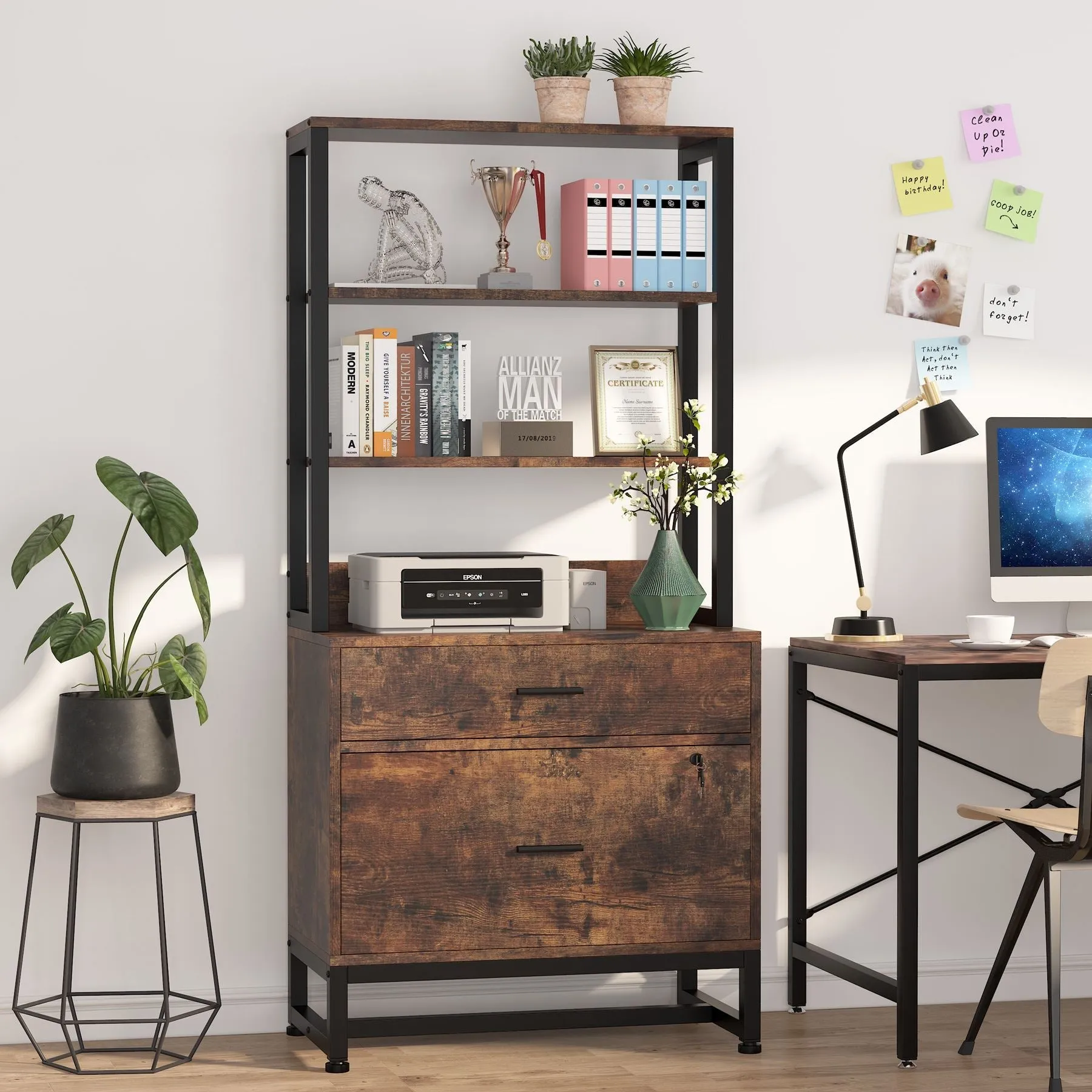 2-Drawer File Cabinet, Vertical Filing Cabinet with Lock & Bookshelf