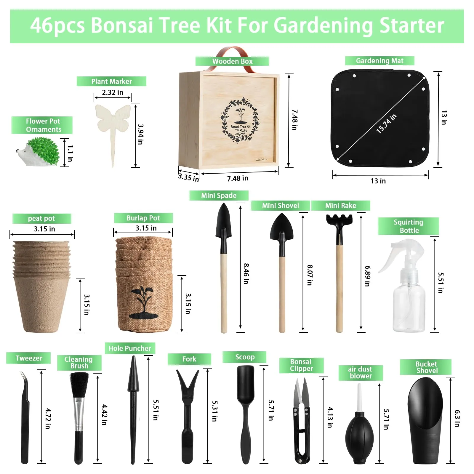 46 Pcs Bonsai Tree Kit - Indoor Starter Kit for Bonsai, Succulent Tools Set with Wooden Box Include Plant Repotting Mat, Leaf Shears,Rake, Long & Wide Spades, Unique Gift for Indoor Gardening