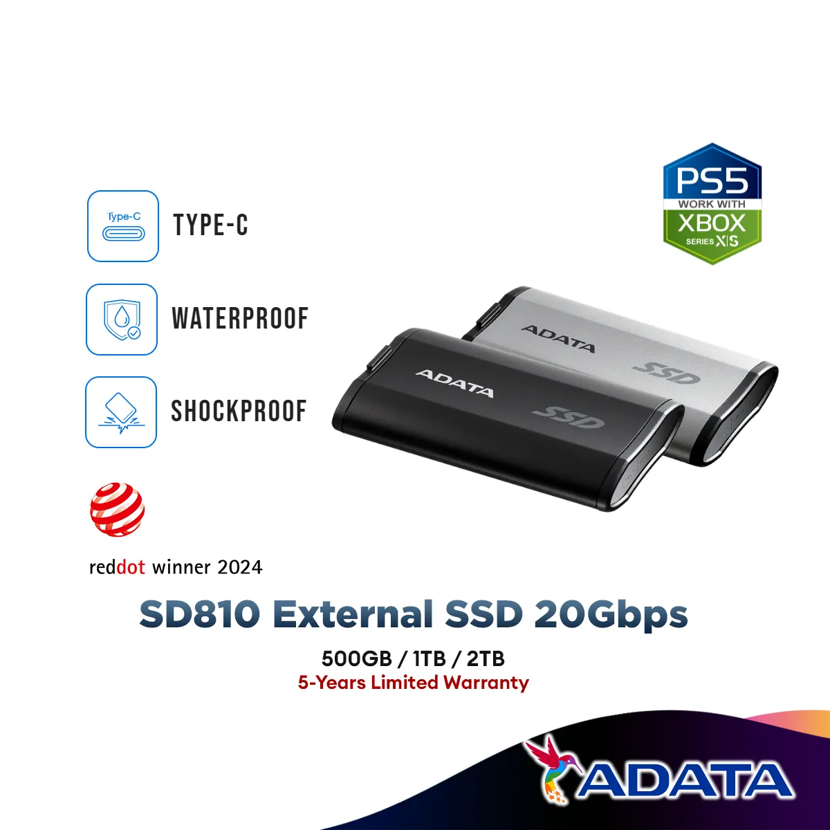 Adata SD810 External SSD Type-C 20Gbps USB 3.2 Gen2x2 Black / Titanium Grey - (500GB / 1TB / 2TB) compatible with PS5