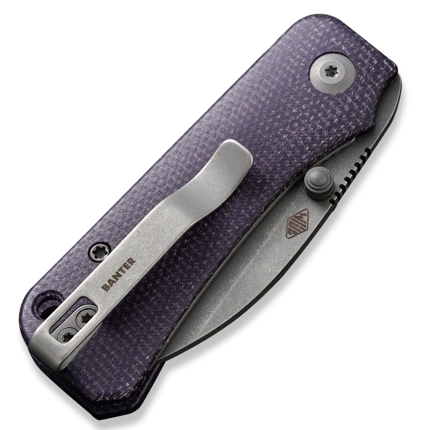 Baby Banter Pocket Knife - Purple Micarta - Gray Stonewash Nitro V Wharncliffe