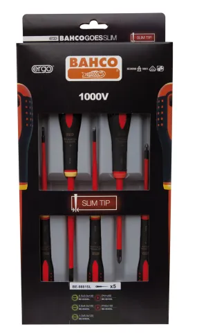 Bahco 5 pce Slim Line 1000v insulated screwdriver set. 3 x slotted - 0.5x3.0 x 75, 0.8 x 4.0 x 100, 1.0 x 5.5 x 125                                 2 x Phillips Head PH1 x 80, PH 2 x 100