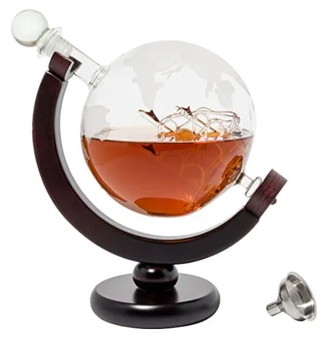 BarMe 850ml Whiskey Decanter with Dark Finished Wood Stand and Bar Funnel