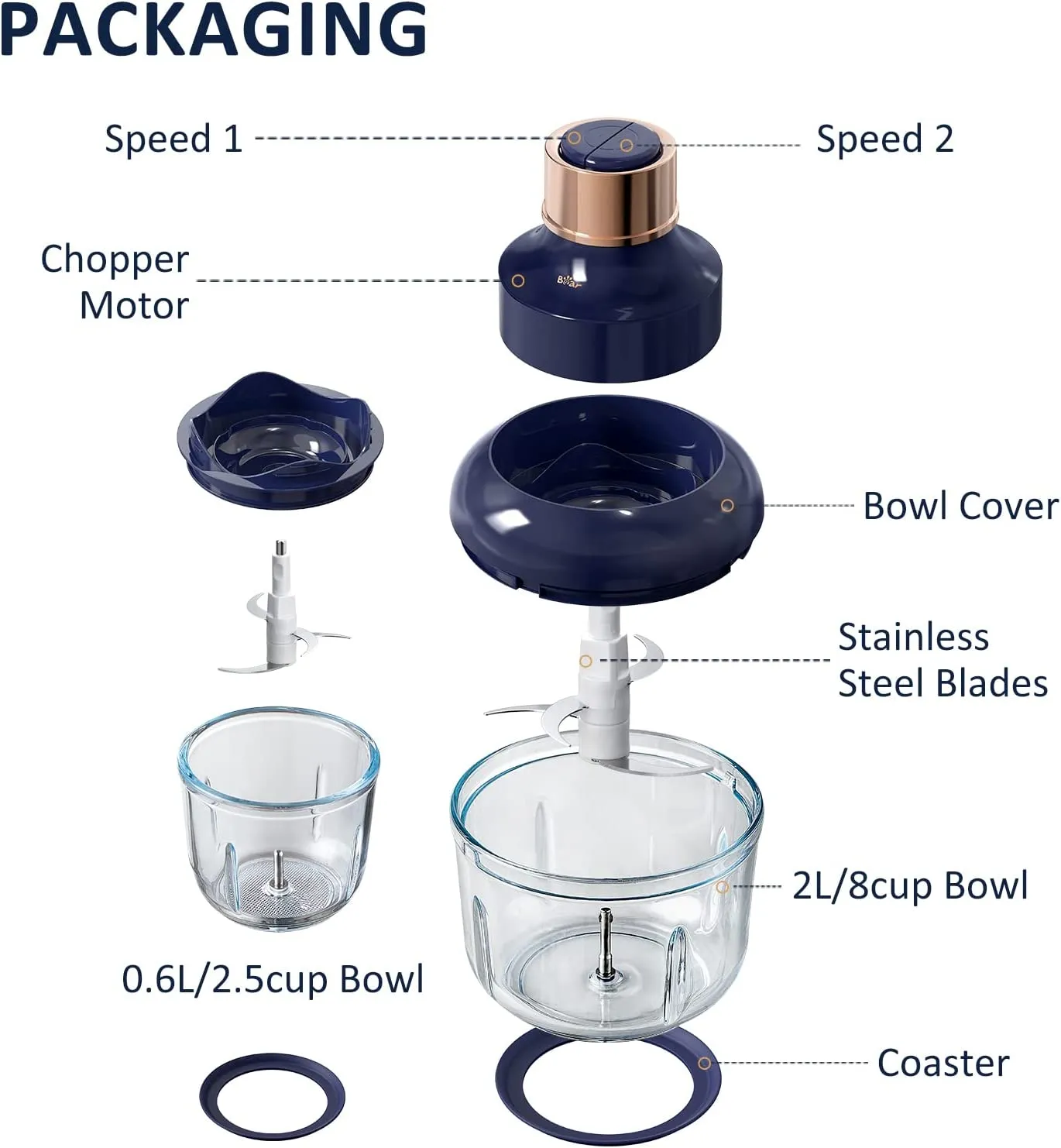 Bear Electric Food Chopper QSJ-D03Q1,  2 Glass Bowls (2L/8 Cup 0.6L/2.5 Cup), 400W