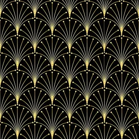 Black and Gold Fabric, Geometric Fan, Cotton or Fleece, 3918