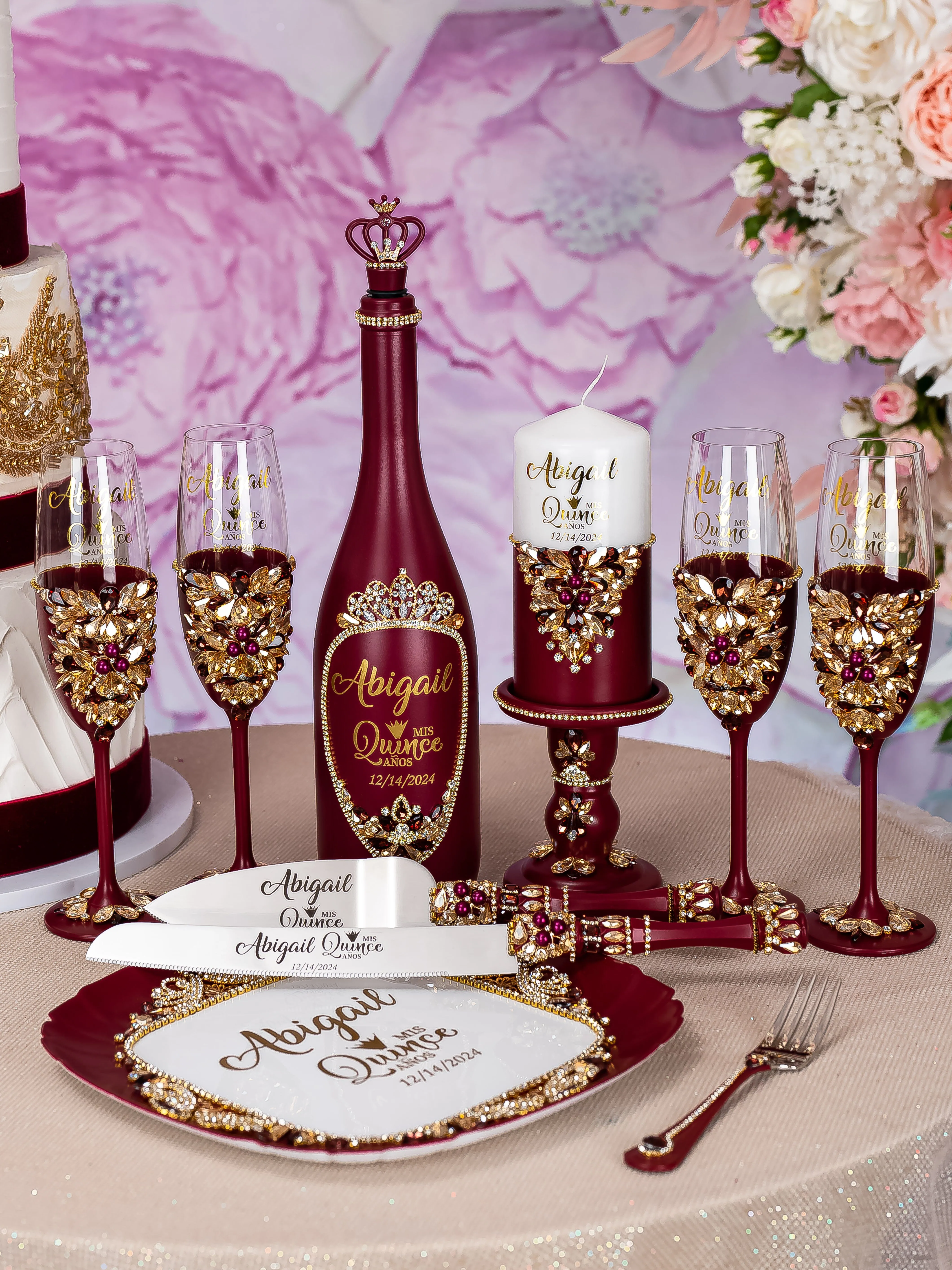 Burgundy Quinceanera Package of Bottle, Glass and Candle