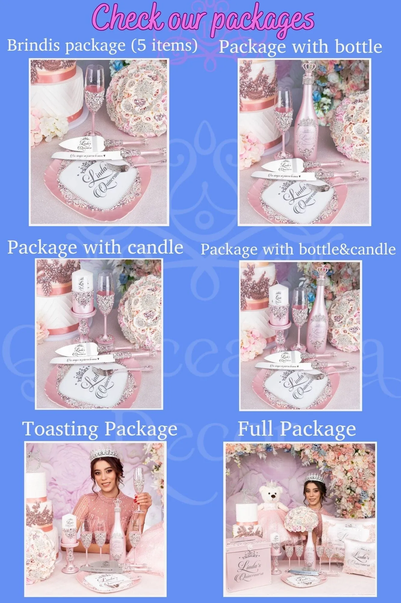 Burgundy Quinceanera Package of Bottle, Glass and Candle