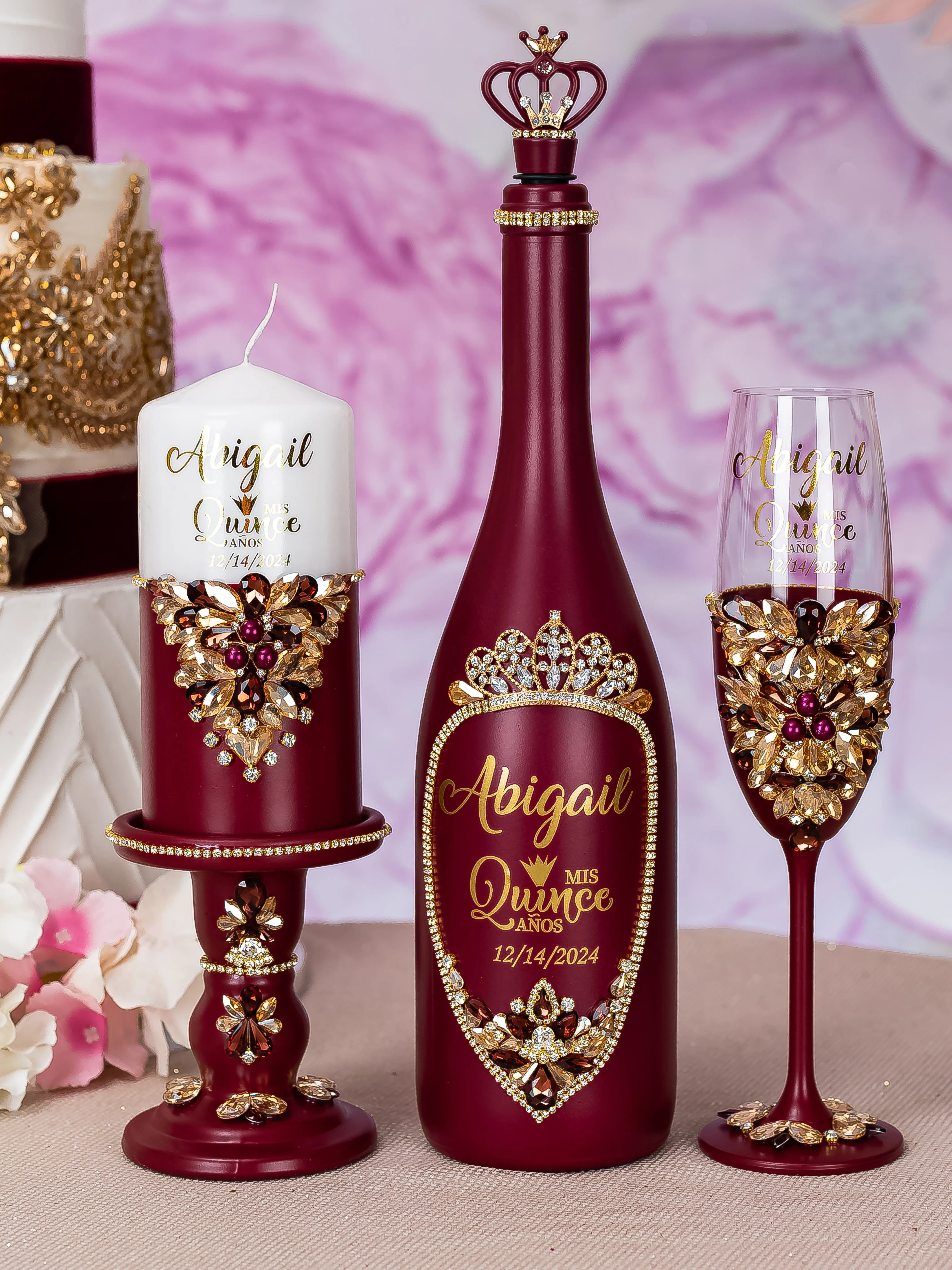 Burgundy Quinceanera Package of Bottle, Glass and Candle