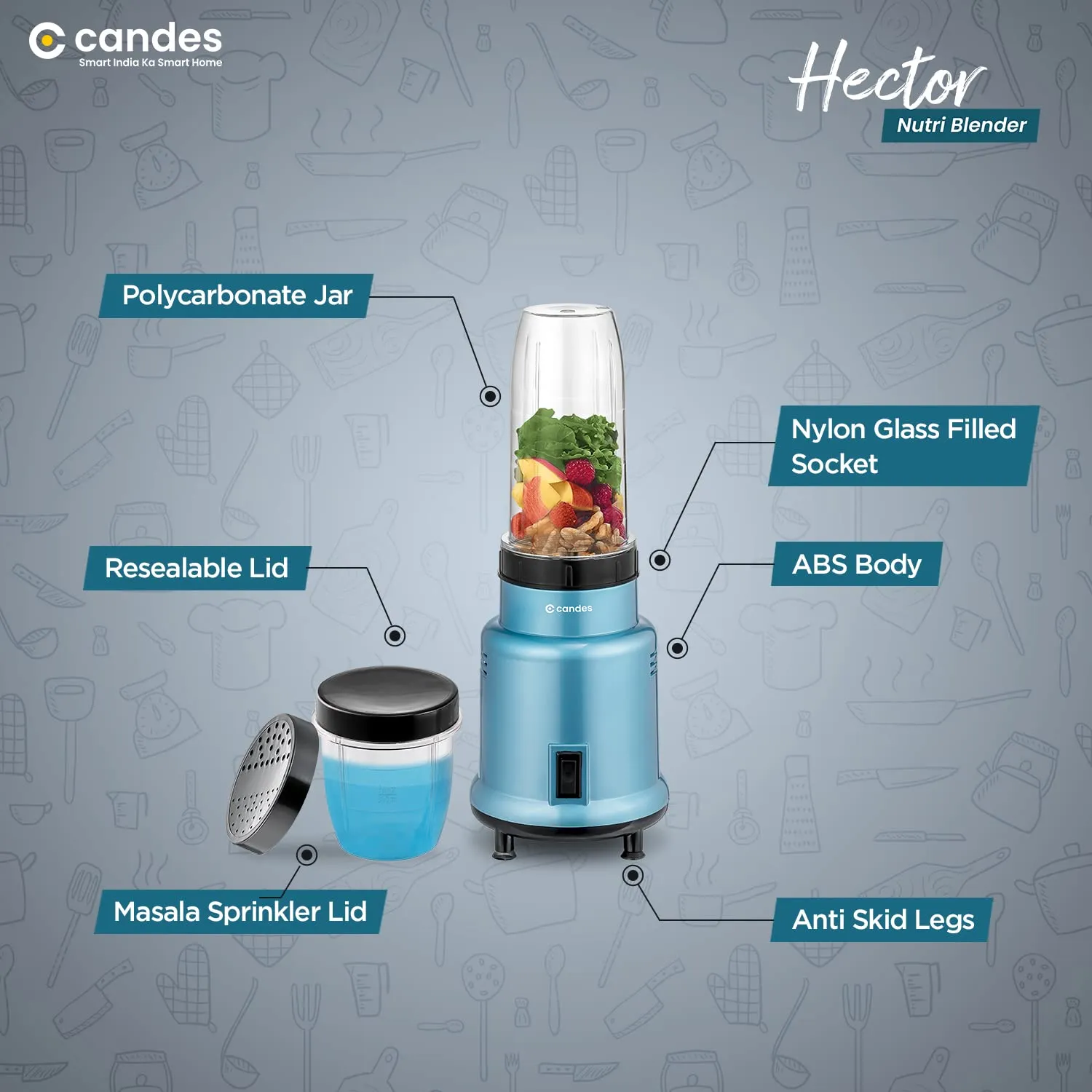 Candes Hector Pro Nutri Blender, 22000 RPM Mixer Grinder, Blender, Chopper, Juicer, Stainless Steel Blades, 2 Unbreakable Jars, 1 Years Warranty | 500-Watts (Blue)