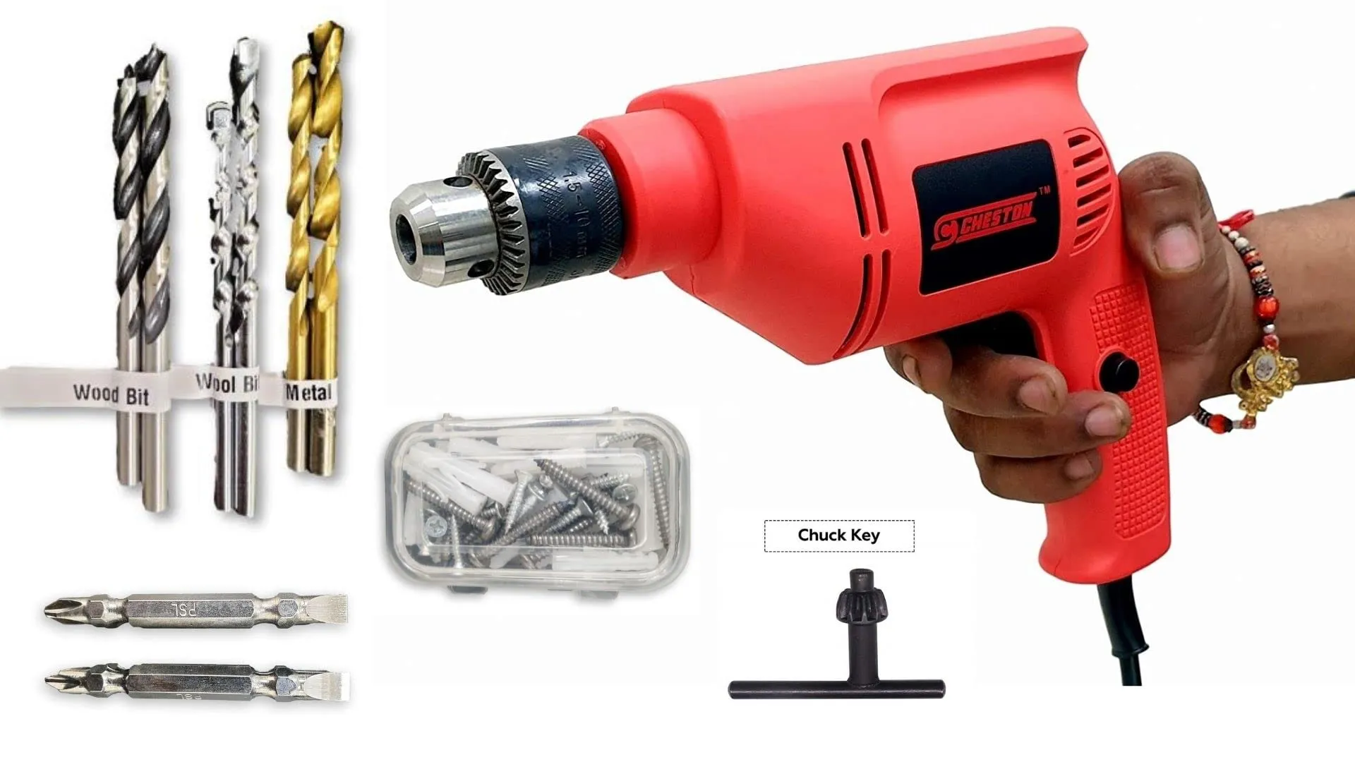 Cheston 10mm Drill/Driver Machine 6104 Reversible Hammer Driver with 2Hss 2wood 2wall 2Screwdriver Variable Speed Screwdriver Keyless Chuck 400W, 2600-RPM Power Tools