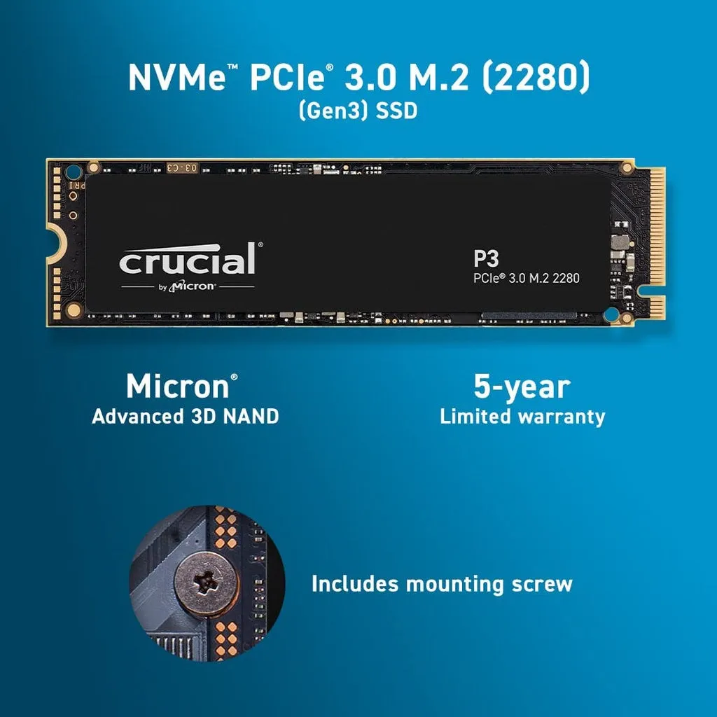 Crucial P3 (GEN3) / P3 Plus (GEN4) NVMe PCIe M.2 2280 Internal SSD Desktop/Laptop SSD Storage (250GB/500GB/1TB/2TB)