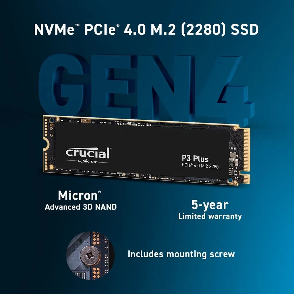 Crucial P3 (GEN3) / P3 Plus (GEN4) NVMe PCIe M.2 2280 Internal SSD Desktop/Laptop SSD Storage (250GB/500GB/1TB/2TB)