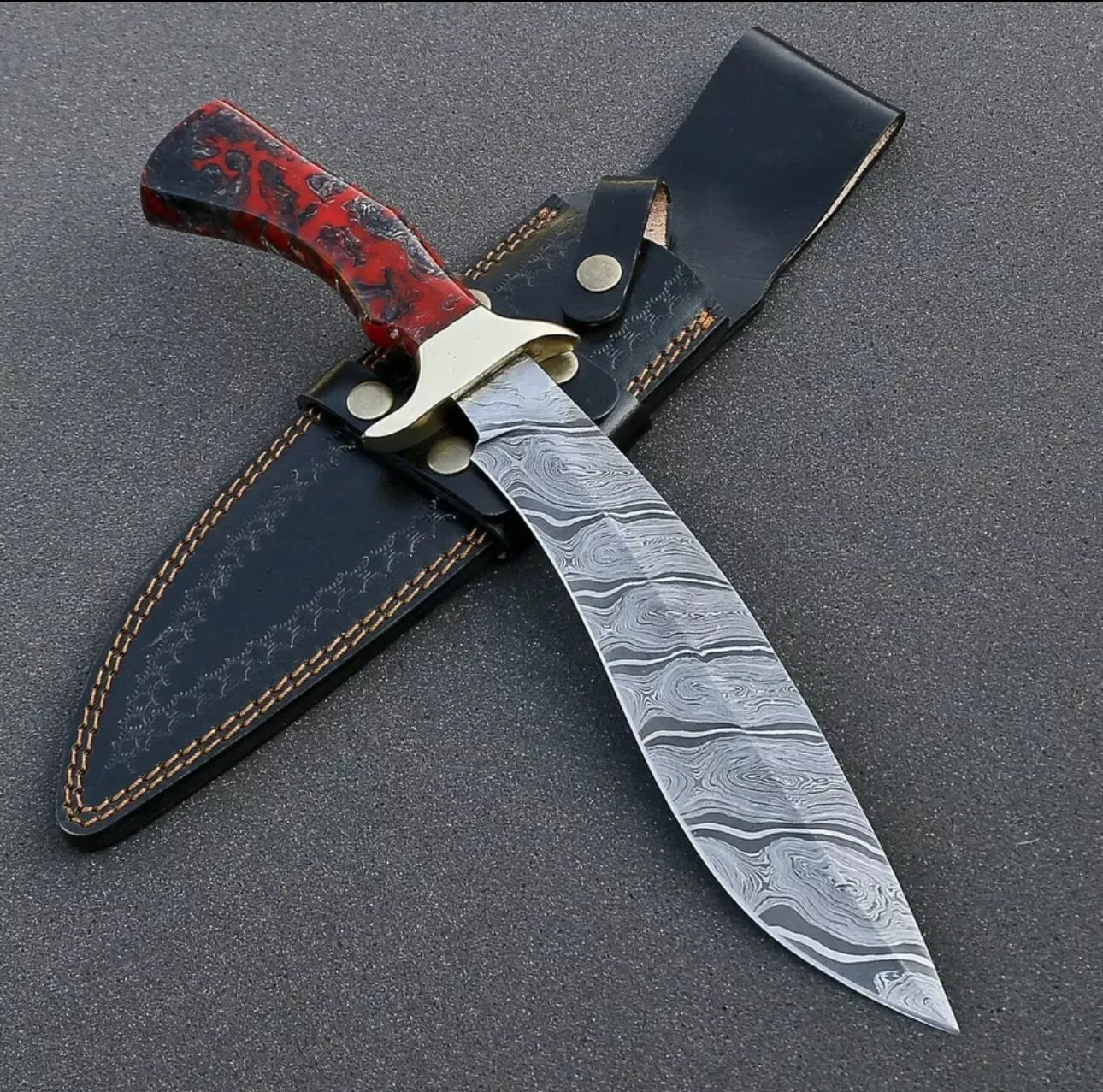 Custom Handmade Damascus Steel Bowie Knife with Brass Guard & Resin Handle | Premium Leather Sheath