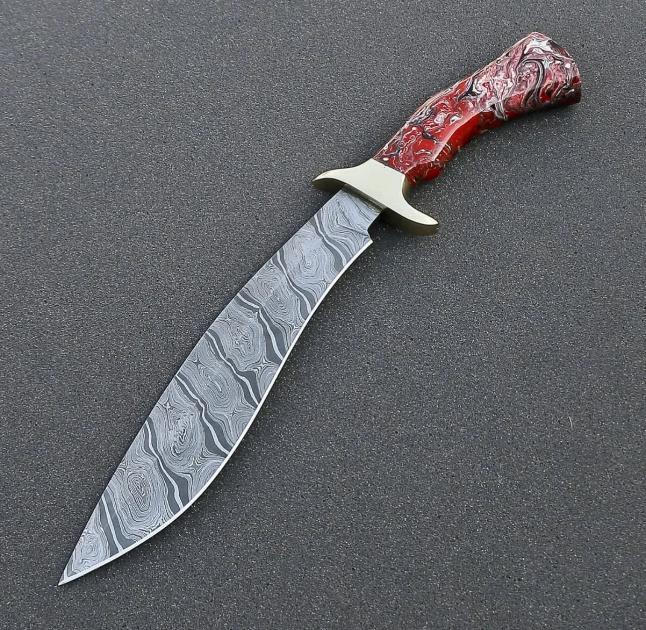 Custom Handmade Damascus Steel Bowie Knife with Brass Guard & Resin Handle | Premium Leather Sheath