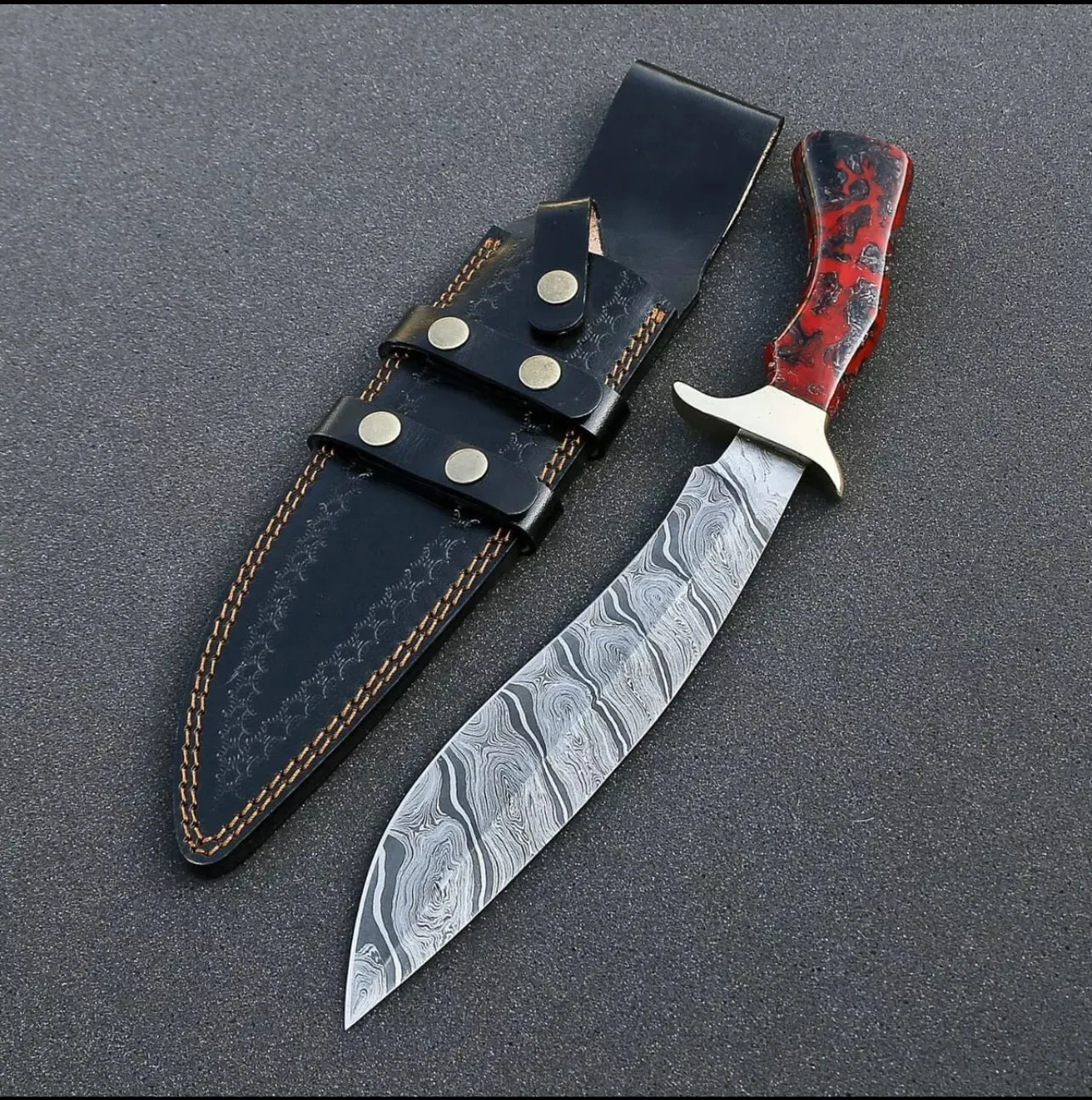 Custom Handmade Damascus Steel Bowie Knife with Brass Guard & Resin Handle | Premium Leather Sheath