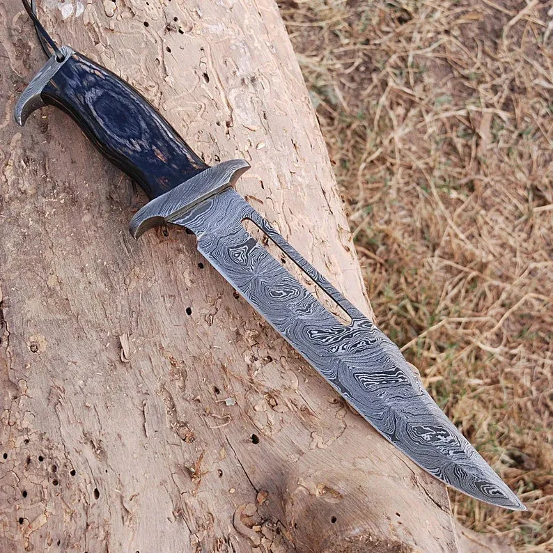 Custom Handmade Damascus Steel Rambo Bowie Knife with Brass Wood Handle & Leather Sheath