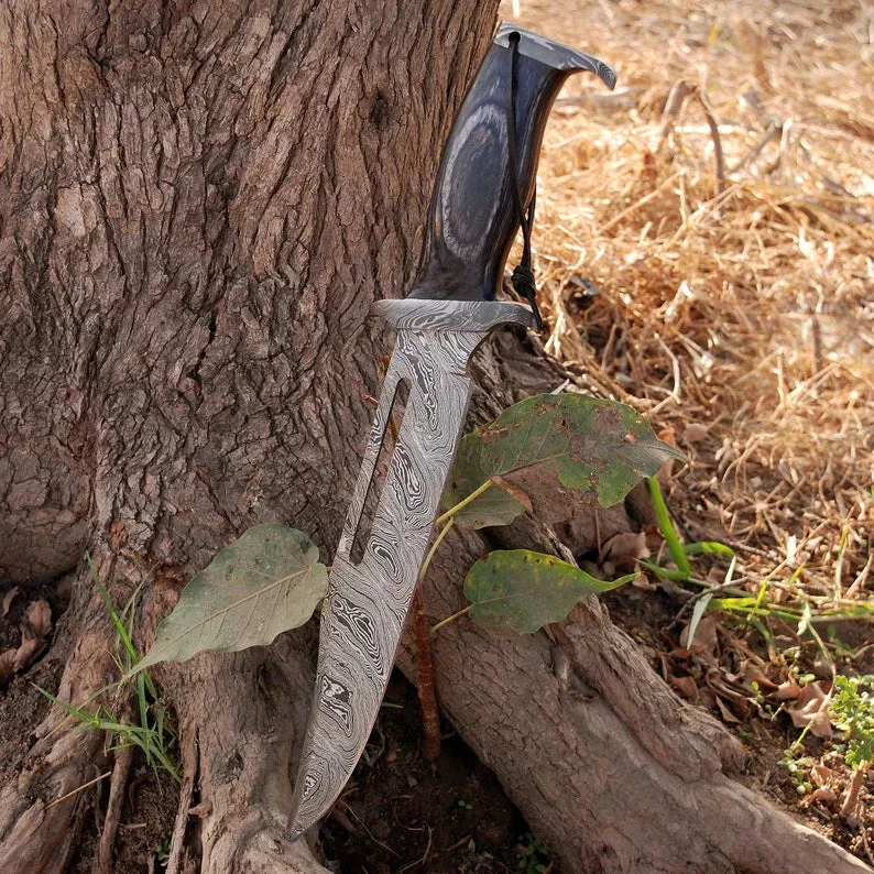 Custom Handmade Damascus Steel Rambo Bowie Knife with Brass Wood Handle & Leather Sheath