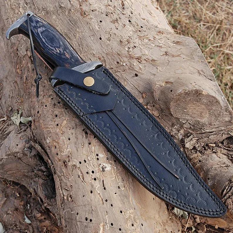 Custom Handmade Damascus Steel Rambo Bowie Knife with Brass Wood Handle & Leather Sheath