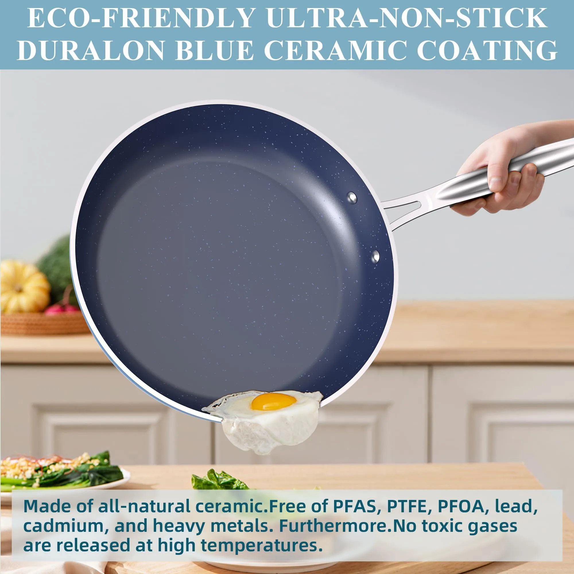 Healthy Duralon Blue Ceramic Nonstick Coated Cookware Set, Diamond Infused Scratch-Resistant