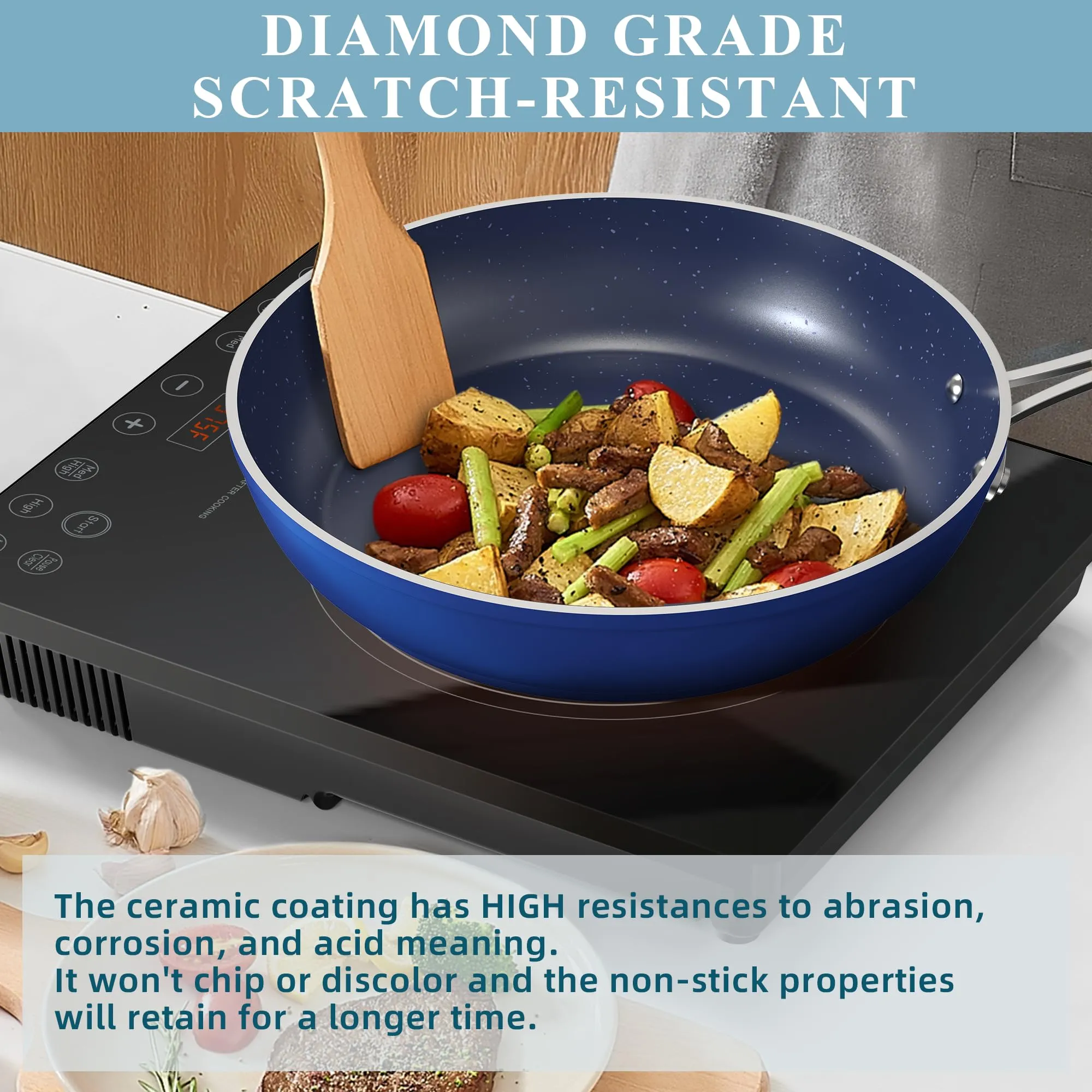 Healthy Duralon Blue Ceramic Nonstick Coated Cookware Set, Diamond Infused Scratch-Resistant