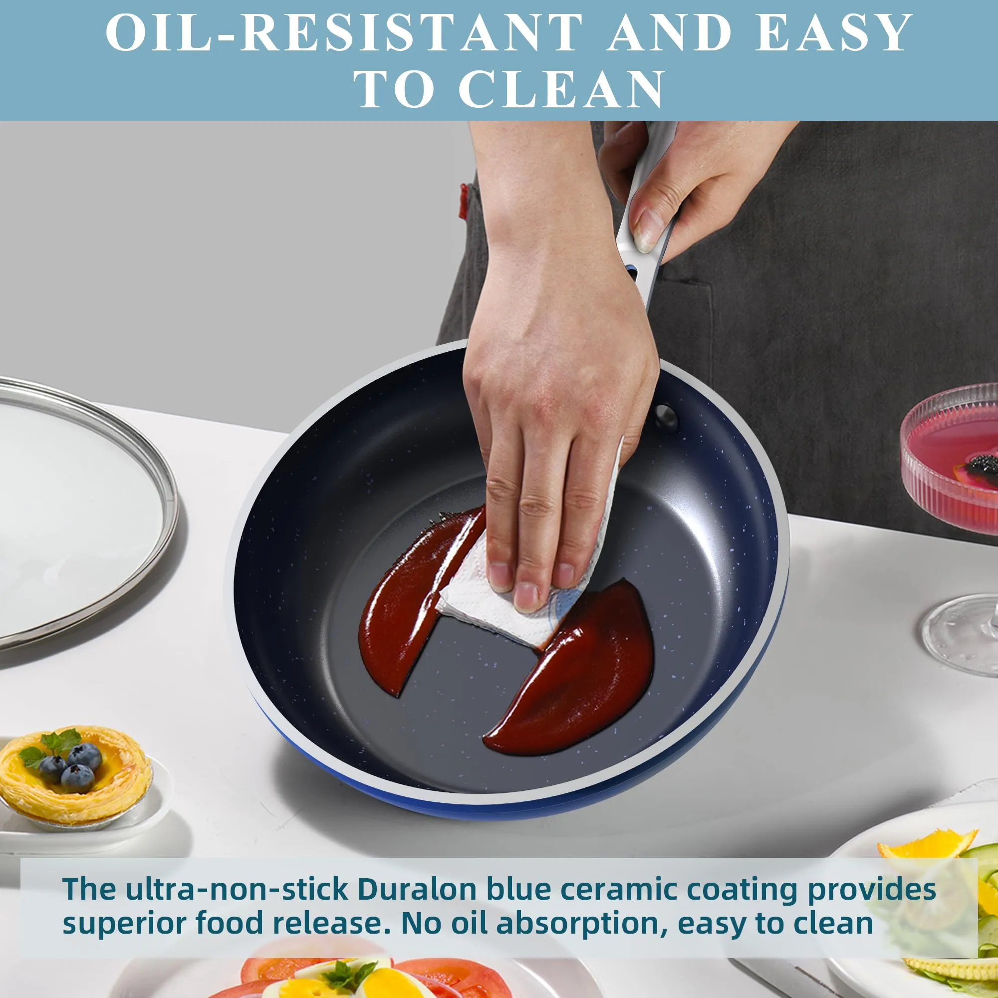 Healthy Duralon Blue Ceramic Nonstick Coated Cookware Set, Diamond Infused Scratch-Resistant