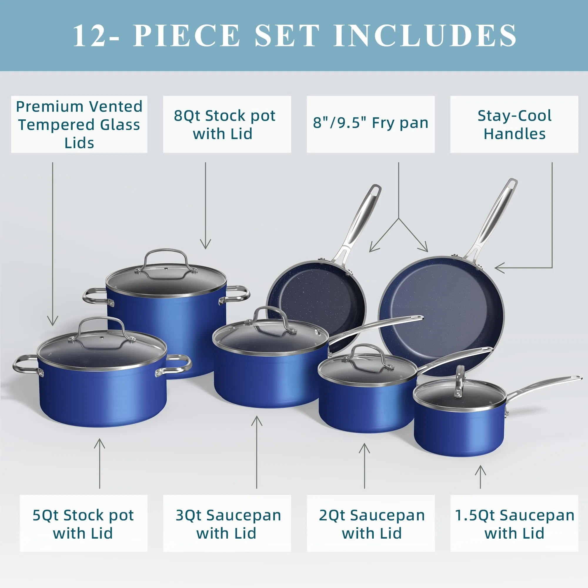 Healthy Duralon Blue Ceramic Nonstick Coated Cookware Set, Diamond Infused Scratch-Resistant