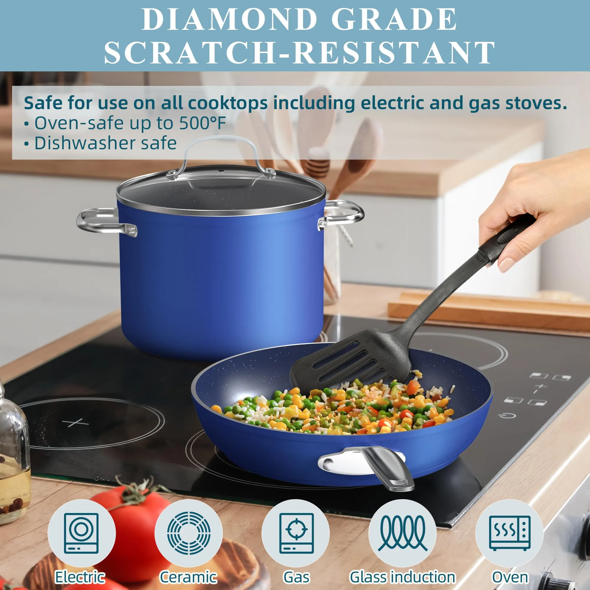 Healthy Duralon Blue Ceramic Nonstick Coated Cookware Set, Diamond Infused Scratch-Resistant