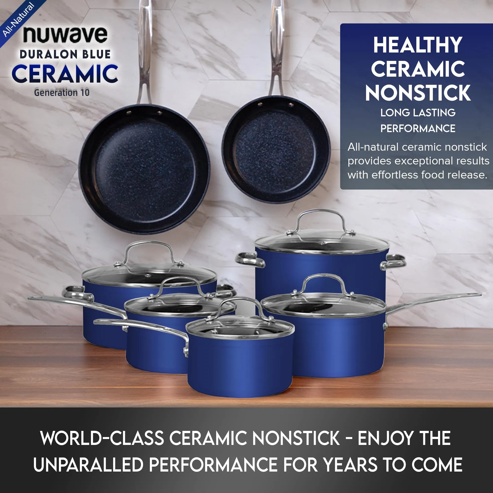 Healthy Duralon Blue Ceramic Nonstick Coated Cookware Set, Diamond Infused Scratch-Resistant