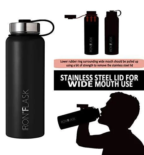 Iron Flask Sports Water Bottle - 40 Oz, 3 Lids (Straw Lid), Vacuum Insulated Stainless Steel, Hot & Cold, Wide Mouth, Double Walled, Hydro Metal Canteen, Mid Black