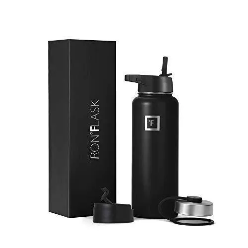 Iron Flask Sports Water Bottle - 40 Oz, 3 Lids (Straw Lid), Vacuum Insulated Stainless Steel, Hot & Cold, Wide Mouth, Double Walled, Hydro Metal Canteen, Mid Black