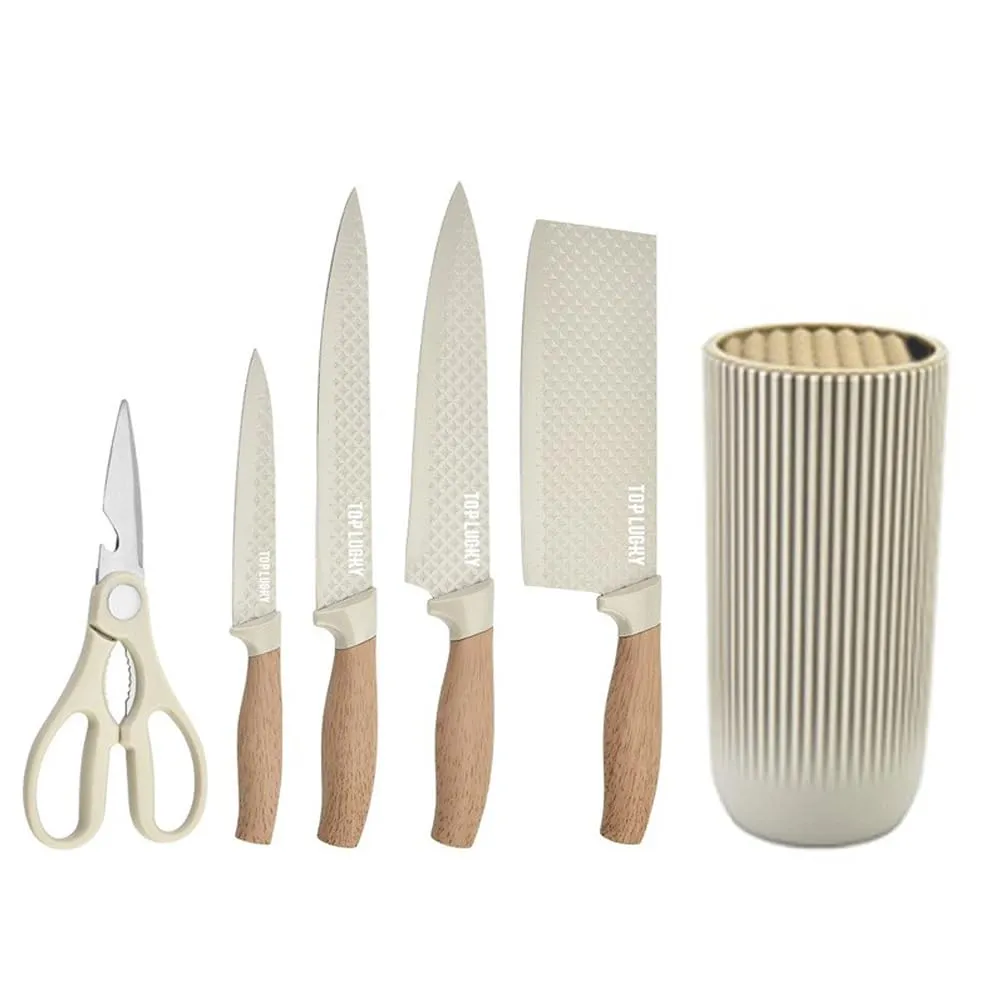 Knife Set, Wiztoynia 6-Piece Khaki Kitchen Knife Set for Home, Anti-Rust Non-stick Stainless Steel Sharp Chef Knife Set with Universal Knife Block for Kitchen, Ergonomical Design (Khaki)