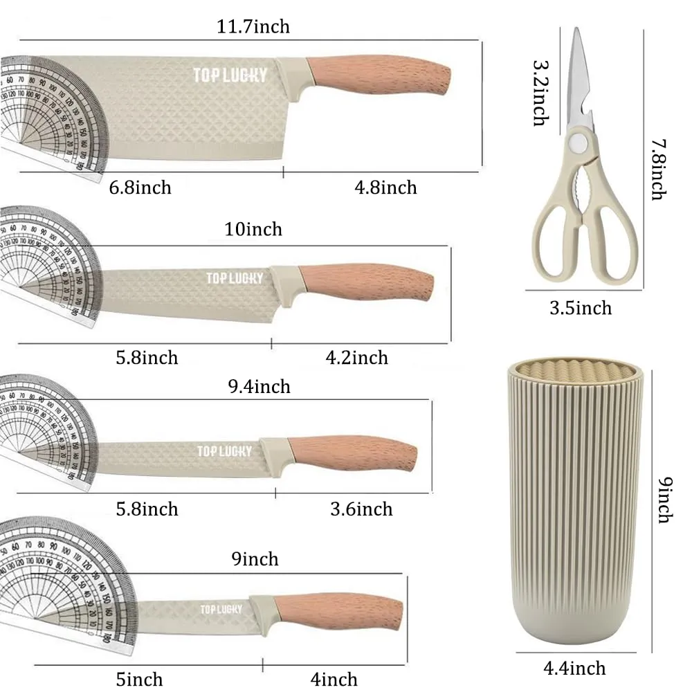 Knife Set, Wiztoynia 6-Piece Khaki Kitchen Knife Set for Home, Anti-Rust Non-stick Stainless Steel Sharp Chef Knife Set with Universal Knife Block for Kitchen, Ergonomical Design (Khaki)