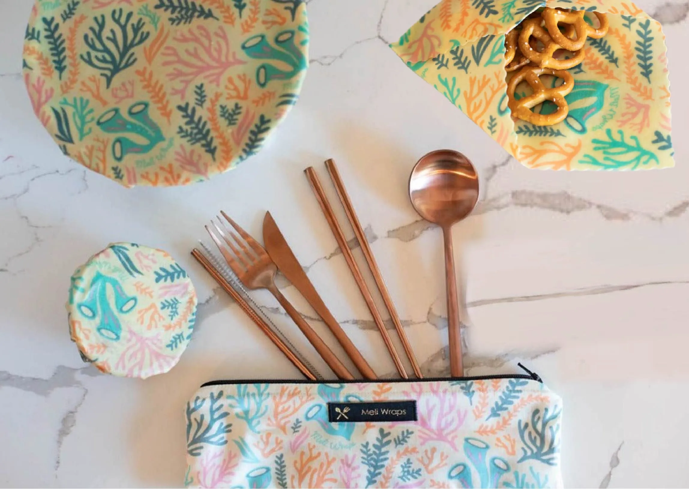 Meli Wraps Beeswax Wrap Bulk Roll   Cutlery Set in Reef Print