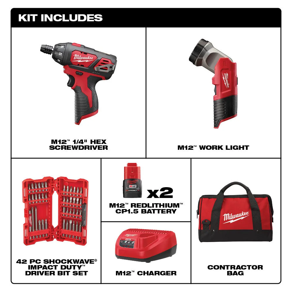 Milwaukee 2482-22 M12 Screwdriver and LED Worklight Kit with Bit Set