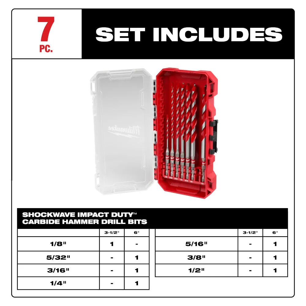 Milwaukee 48-20-9057 7pc. Large SHOCKWAVE™ Carbide Hammer Drill Bit Kit