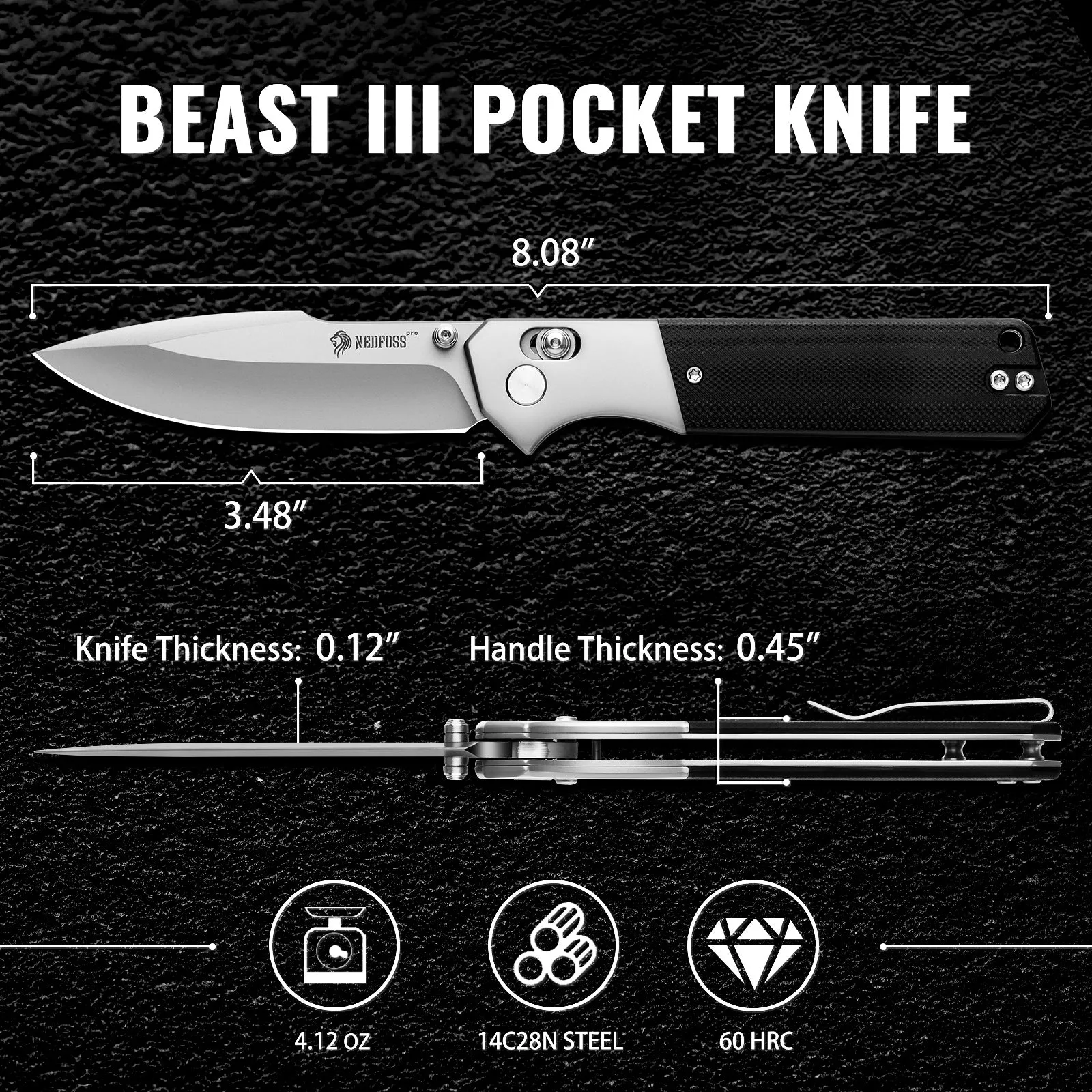 NedFoss BEAST  Pocket Knife, 3.48" 14C28N Steel Blade Button Lock EDC Knife