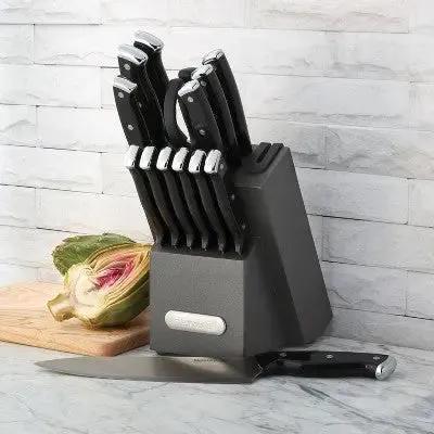 New - Farberware 14pc Triple Rivet Knife Block Set with Edgekeeper Sharpener Graphite