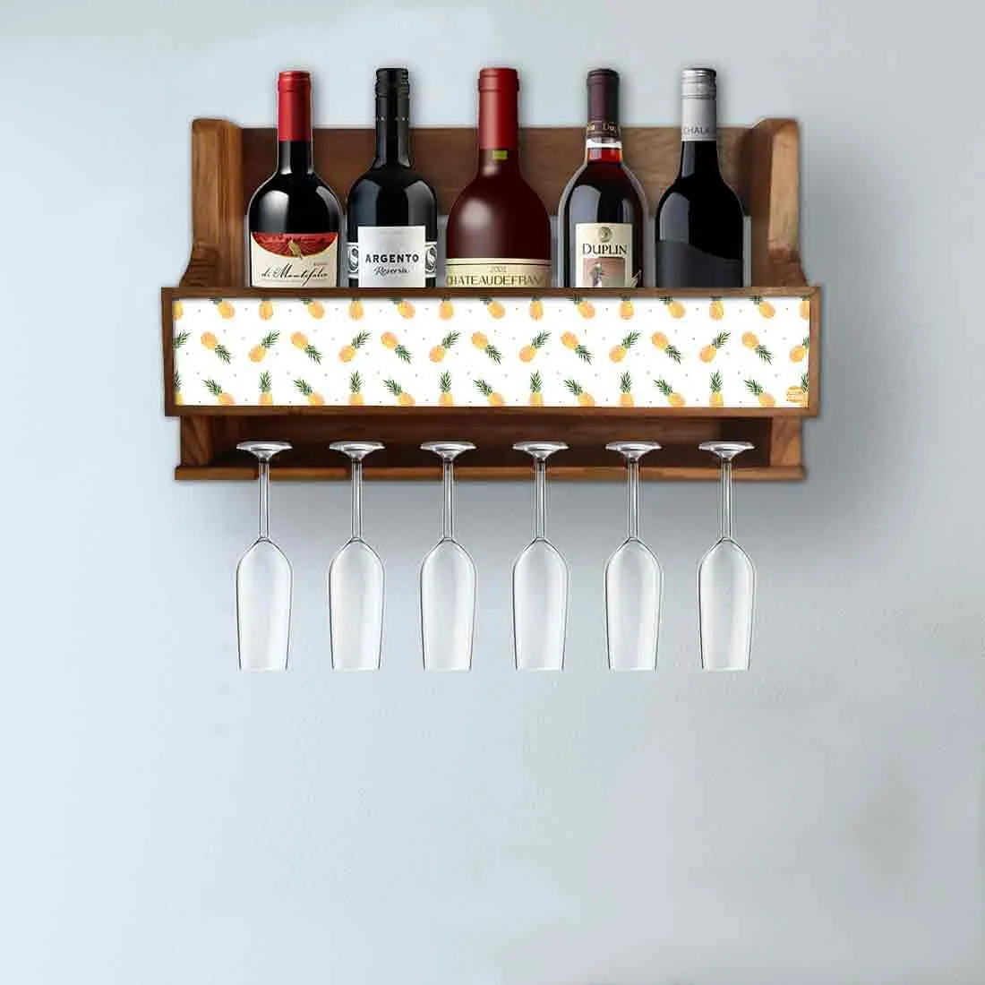 Nutcase Wall Mounted Wine Rack Mini Bar 5 bottles 6 Glasses Hanger-Pineapples