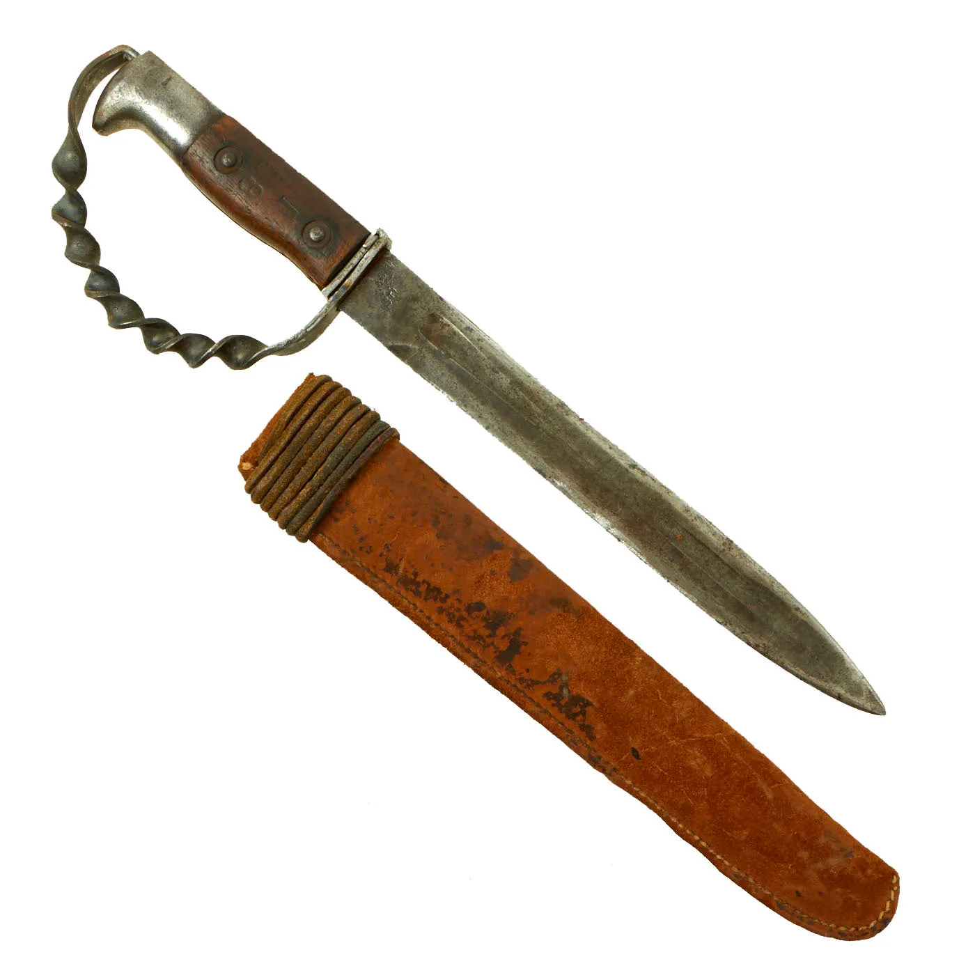 Original U.S. WWII Custom Knuckle Trench Knife Knife Made From 1899 Dated Krag Rifle Bayonet With Leather Sheath