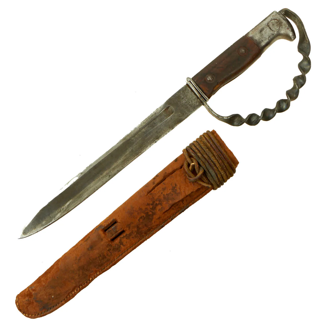 Original U.S. WWII Custom Knuckle Trench Knife Knife Made From 1899 Dated Krag Rifle Bayonet With Leather Sheath