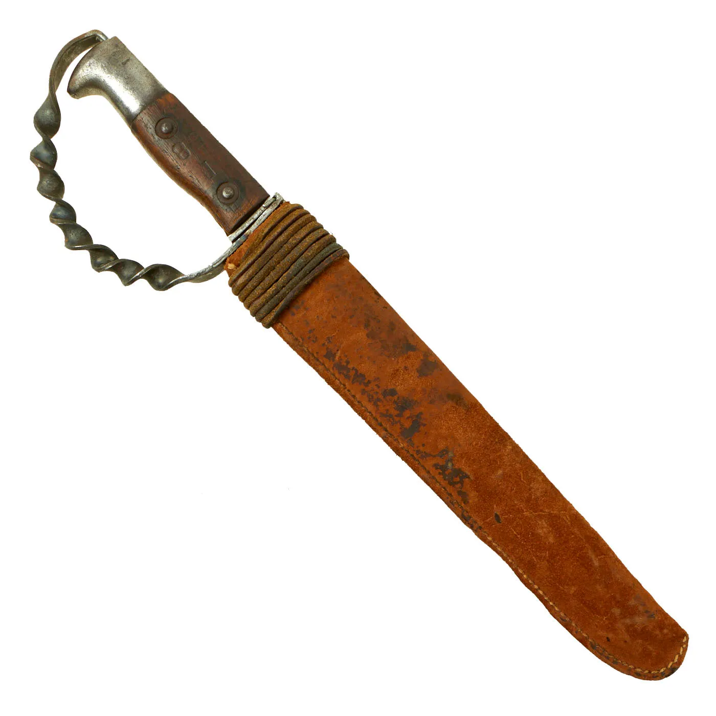 Original U.S. WWII Custom Knuckle Trench Knife Knife Made From 1899 Dated Krag Rifle Bayonet With Leather Sheath