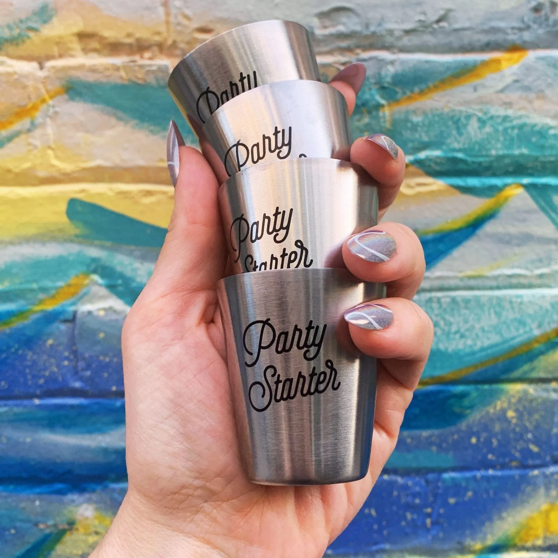 Party Starter Stainless Steel Shot Cups | Set of 4 Shot Glasses in Gift Bag