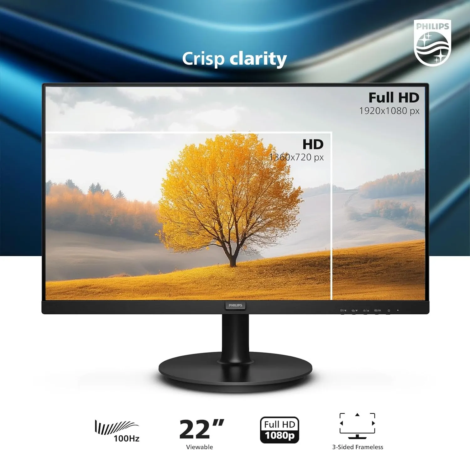 Philips 221V8LB 22" FHD VA Monitor | 100Hz | Adaptive Sync | LowBlue Mode | Flicker Free | 1080p | 5 YEARS WARRANTY