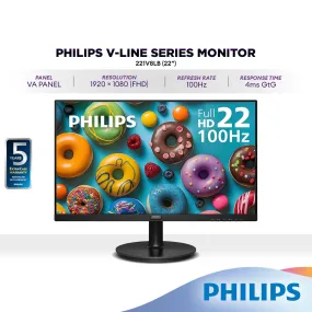 Philips 221V8LB 22" FHD VA Monitor | 100Hz | Adaptive Sync | LowBlue Mode | Flicker Free | 1080p | 5 YEARS WARRANTY