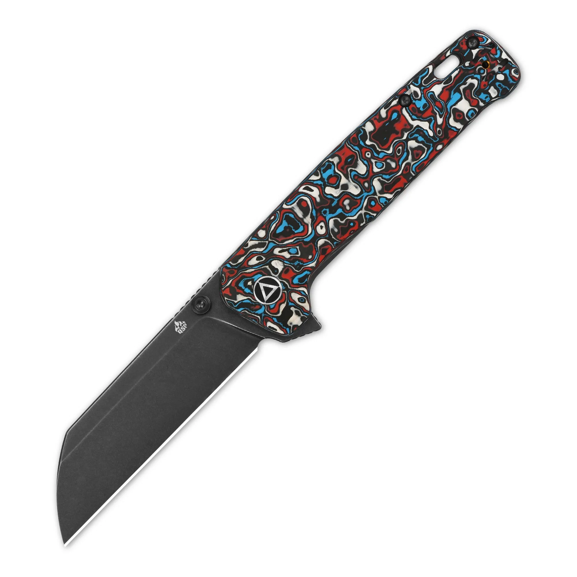 QSP Penguin Plus Frame Lock Pocket Knife 20CV Blade Red Blue Camo CF and Ti Handle