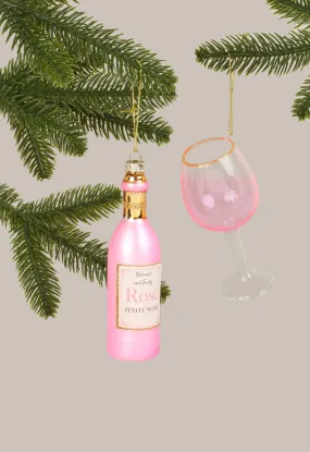 Set of Large Rosé Wine Bottle and Glass Christmas Tree Ornaments