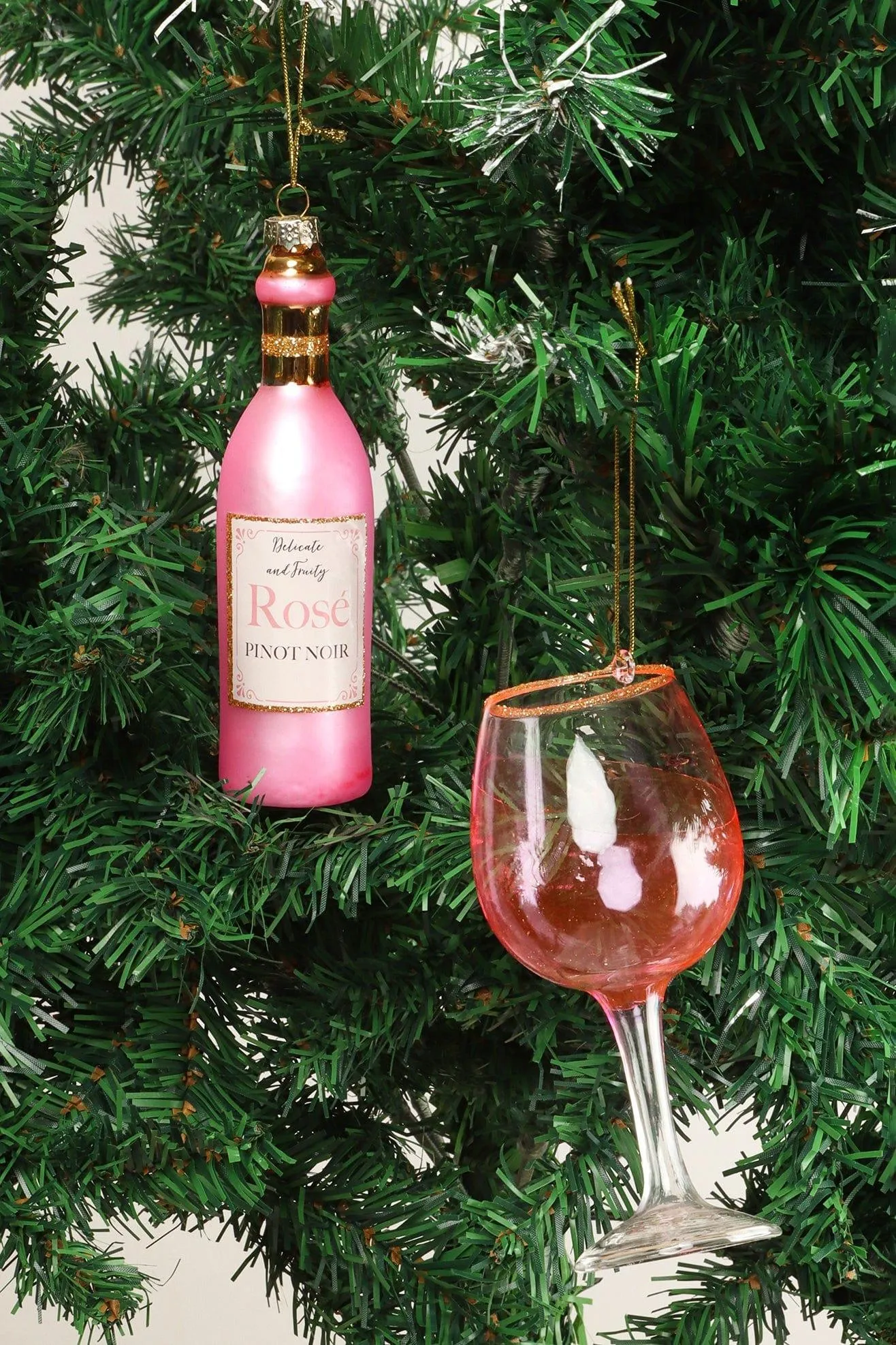 Set of Large Rosé Wine Bottle and Glass Christmas Tree Ornaments