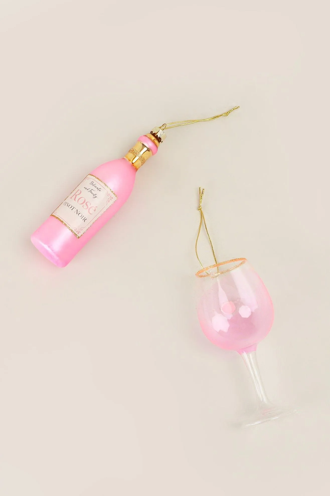 Set of Large Rosé Wine Bottle and Glass Christmas Tree Ornaments