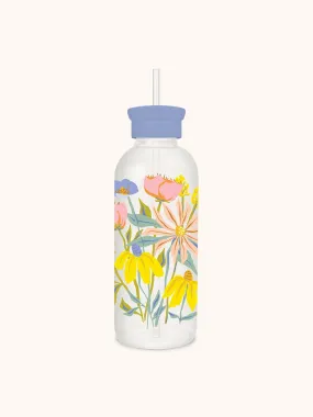 Spring Time Blooms Glass Water Bottle with Straw