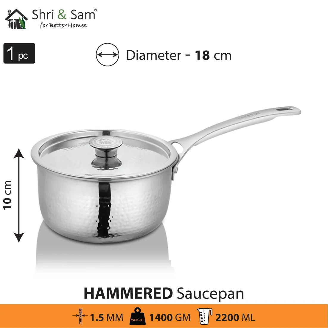 Stainless Steel Heavy Weight Hammered Sauce Pan with SS Lid Platinum