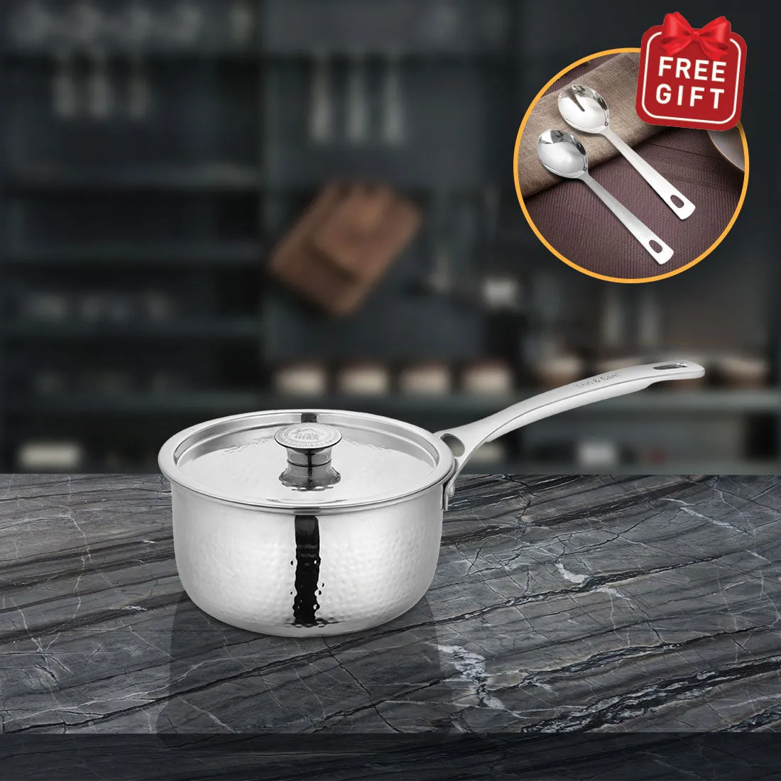 Stainless Steel Heavy Weight Hammered Sauce Pan with SS Lid Platinum